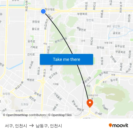 서구, 인천시 to 남동구, 인천시 map