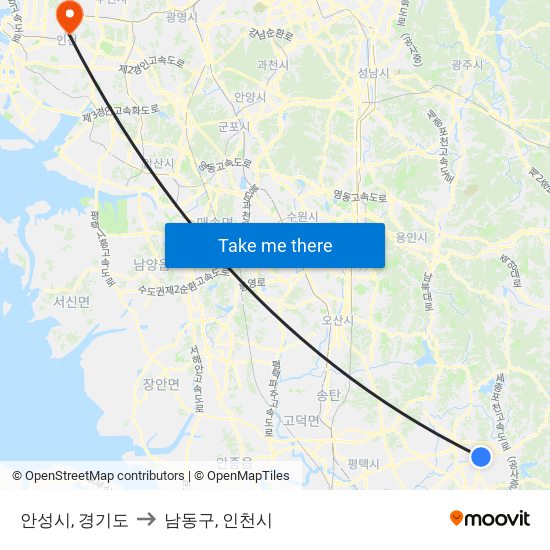 안성시, 경기도 to 남동구, 인천시 map