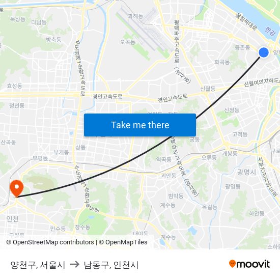 양천구, 서울시 to 남동구, 인천시 map