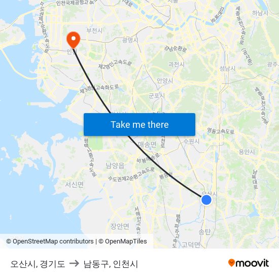 오산시, 경기도 to 남동구, 인천시 map