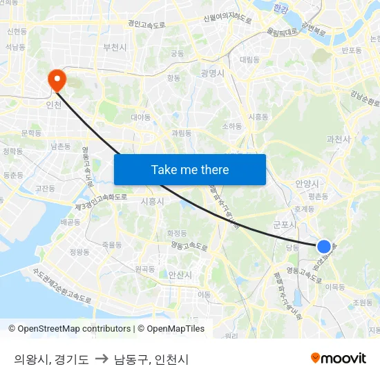 의왕시, 경기도 to 남동구, 인천시 map