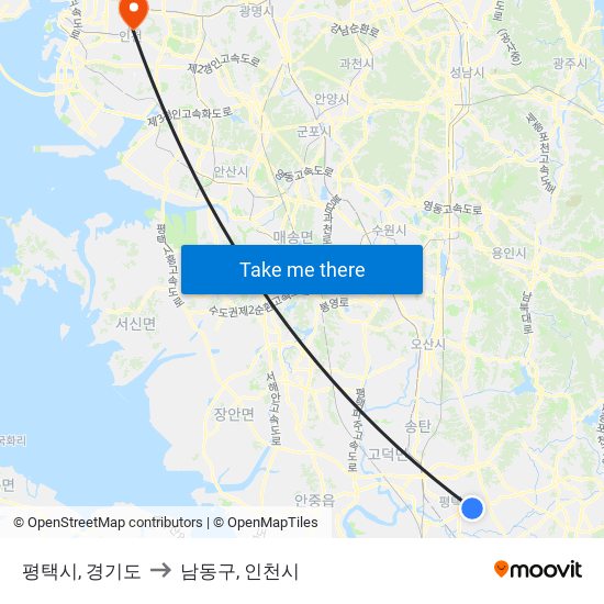 평택시, 경기도 to 남동구, 인천시 map