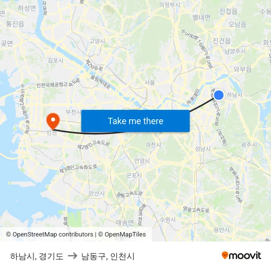 하남시, 경기도 to 남동구, 인천시 map