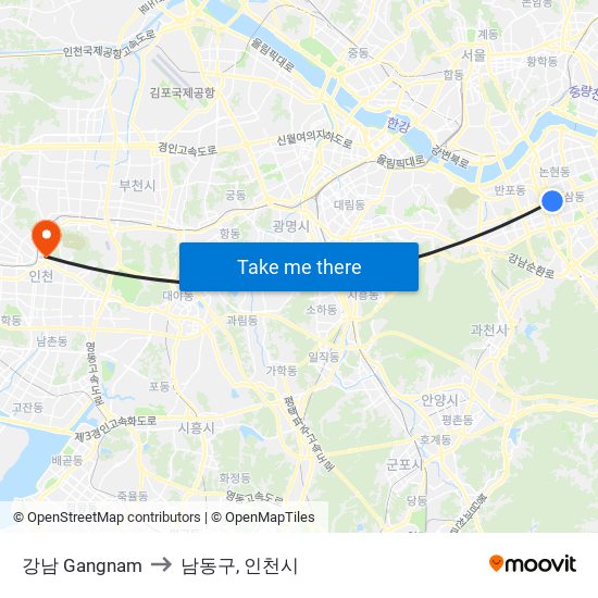 강남 Gangnam to 남동구, 인천시 map