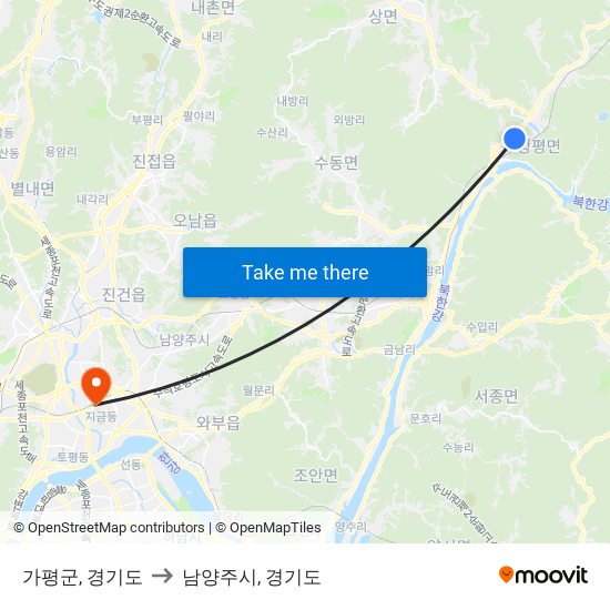 가평군, 경기도 to 남양주시, 경기도 map