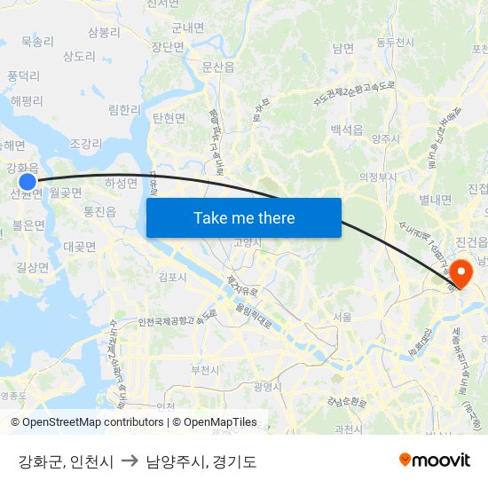 강화군, 인천시 to 남양주시, 경기도 map