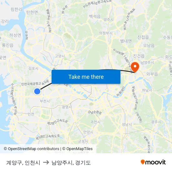 계양구, 인천시 to 남양주시, 경기도 map