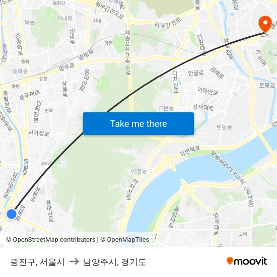 광진구, 서울시 to 남양주시, 경기도 map