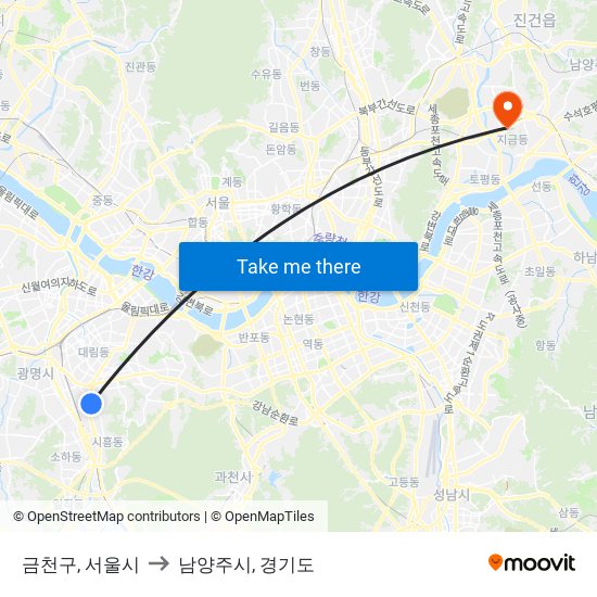 금천구, 서울시 to 남양주시, 경기도 map