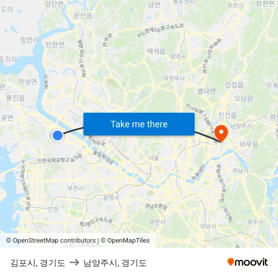 김포시, 경기도 to 남양주시, 경기도 map
