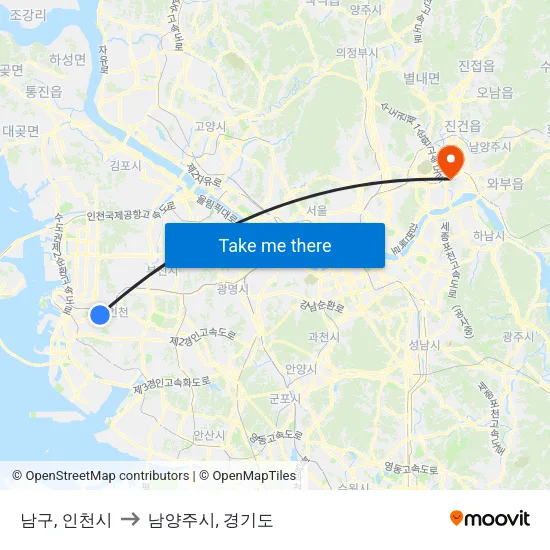 남구, 인천시 to 남양주시, 경기도 map