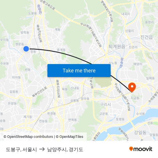 도봉구, 서울시 to 남양주시, 경기도 map