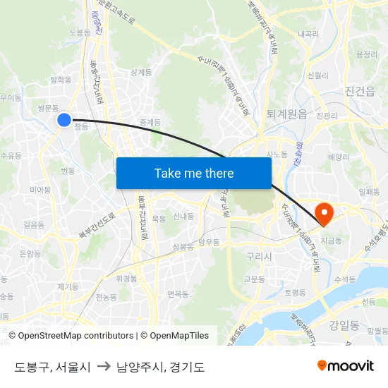 도봉구, 서울시 to 남양주시, 경기도 map