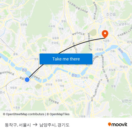 동작구, 서울시 to 남양주시, 경기도 map