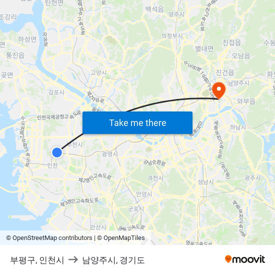 부평구, 인천시 to 남양주시, 경기도 map