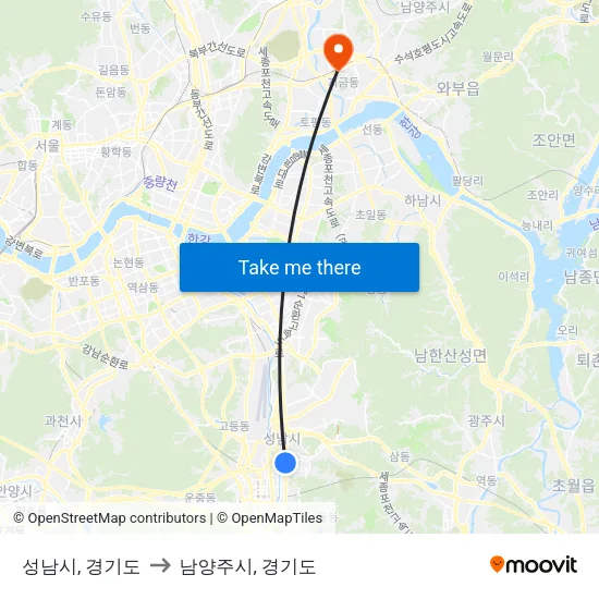 성남시, 경기도 to 남양주시, 경기도 map