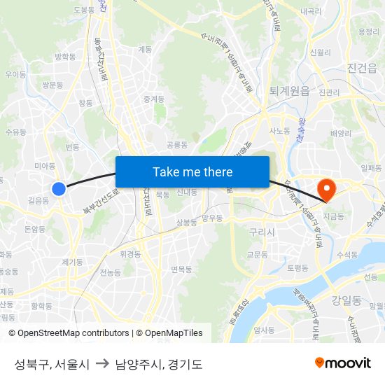 성북구, 서울시 to 남양주시, 경기도 map