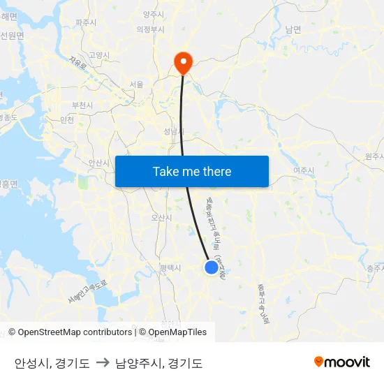 안성시, 경기도 to 남양주시, 경기도 map