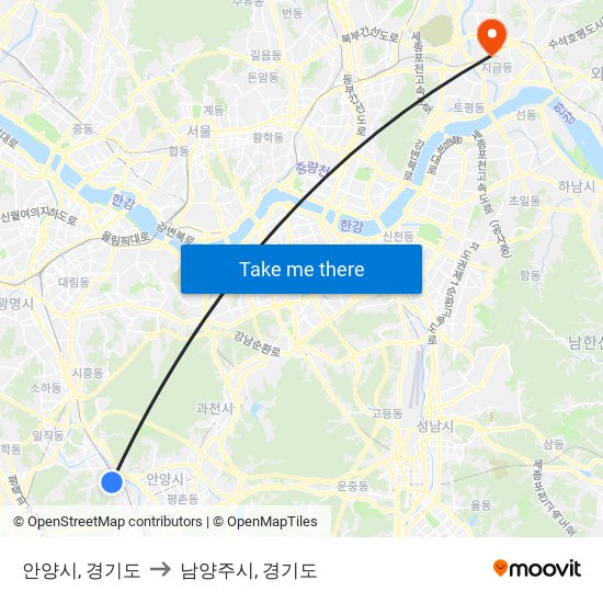 안양시, 경기도 to 남양주시, 경기도 map