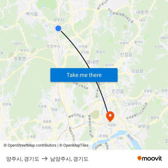 양주시, 경기도 to 남양주시, 경기도 map