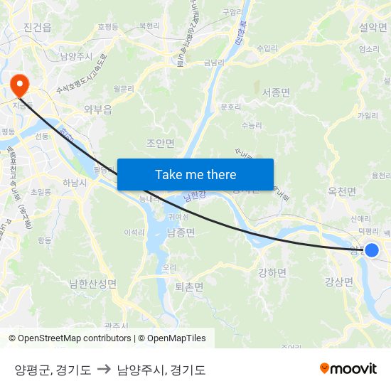 양평군, 경기도 to 남양주시, 경기도 map