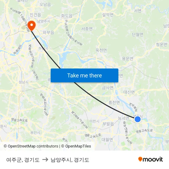 여주군, 경기도 to 남양주시, 경기도 map