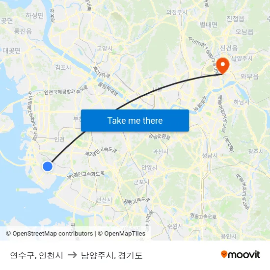 연수구, 인천시 to 남양주시, 경기도 map