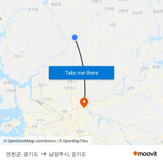 연천군, 경기도 to 남양주시, 경기도 map