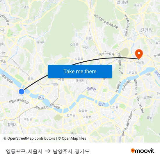 영등포구, 서울시 to 남양주시, 경기도 map