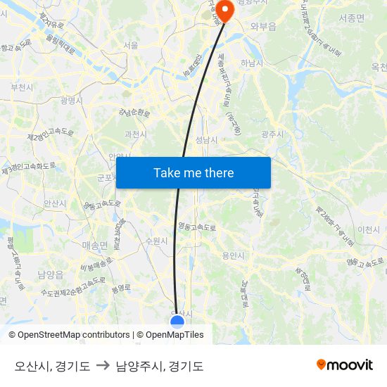 오산시, 경기도 to 남양주시, 경기도 map