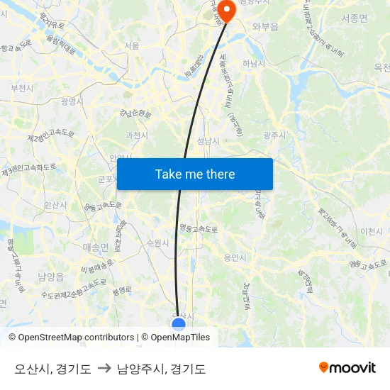 오산시, 경기도 to 남양주시, 경기도 map