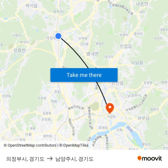 의정부시, 경기도 to 남양주시, 경기도 map