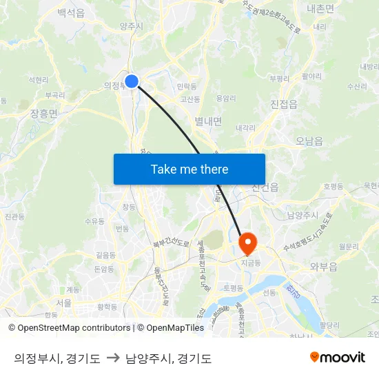 의정부시, 경기도 to 남양주시, 경기도 map