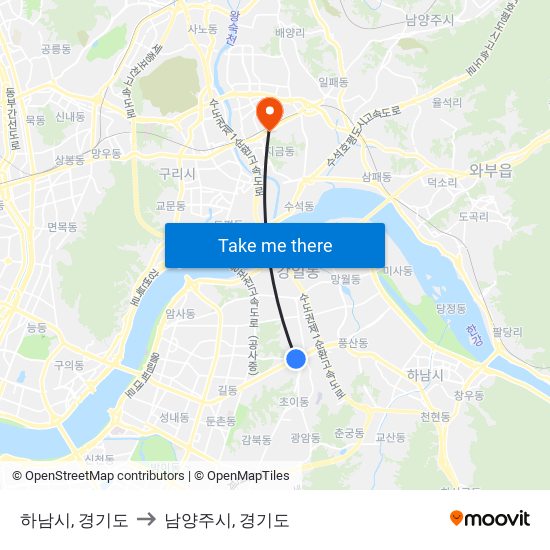 하남시, 경기도 to 남양주시, 경기도 map