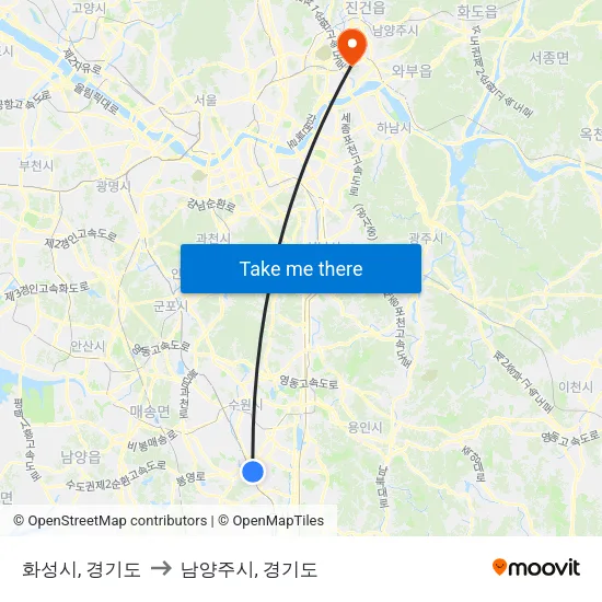 화성시, 경기도 to 남양주시, 경기도 map