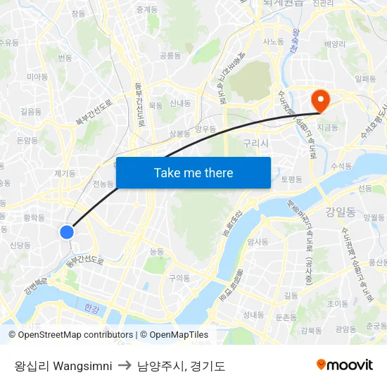왕십리 Wangsimni to 남양주시, 경기도 map