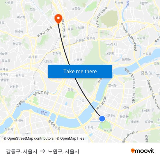 강동구, 서울시 to 노원구, 서울시 map