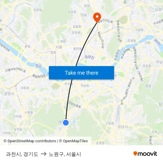 과천시, 경기도 to 노원구, 서울시 map