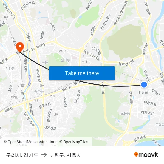 구리시, 경기도 to 노원구, 서울시 map