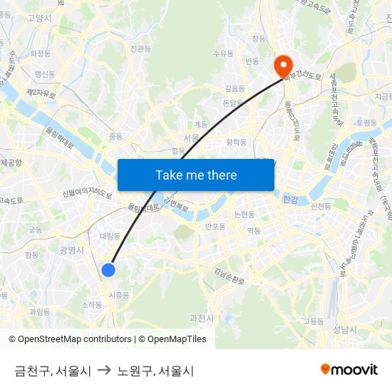 금천구, 서울시 to 노원구, 서울시 map