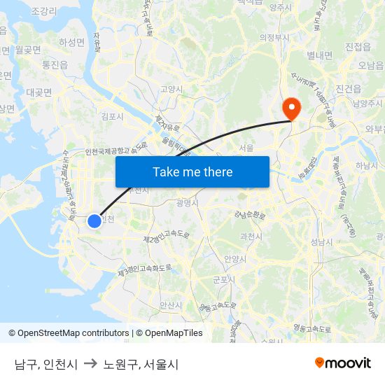 남구, 인천시 to 노원구, 서울시 map