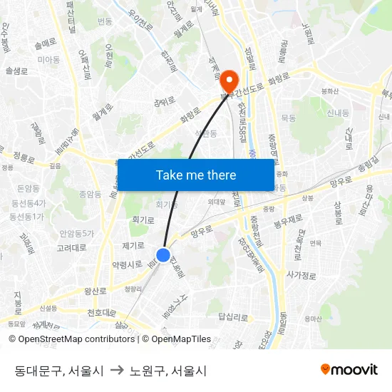 동대문구, 서울시 to 노원구, 서울시 map
