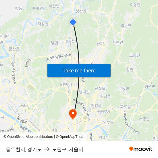 동두천시, 경기도 to 노원구, 서울시 map