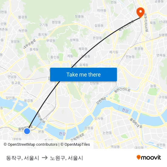 동작구, 서울시 to 노원구, 서울시 map