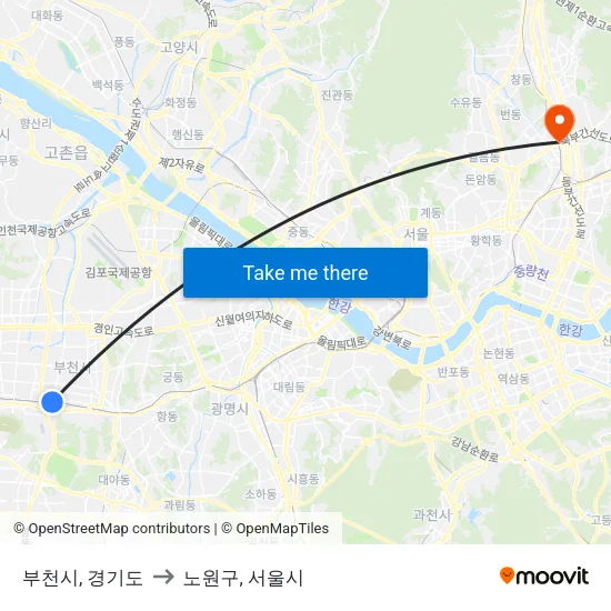 부천시, 경기도 to 노원구, 서울시 map