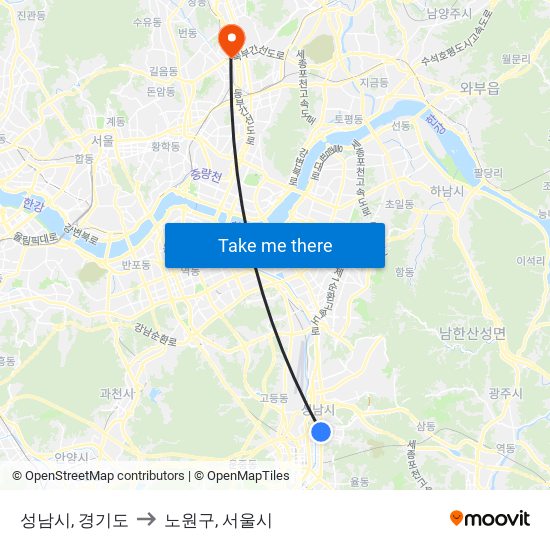 성남시, 경기도 to 노원구, 서울시 map