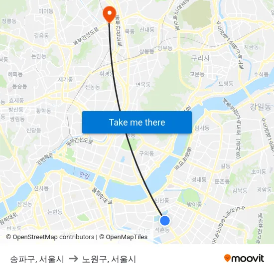 송파구, 서울시 to 노원구, 서울시 map