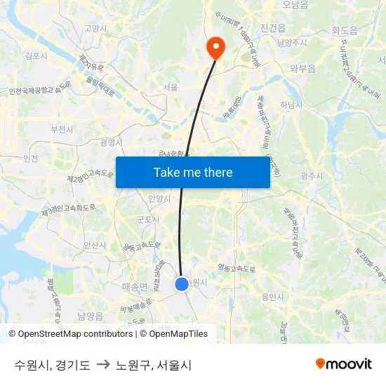 수원시, 경기도 to 노원구, 서울시 map
