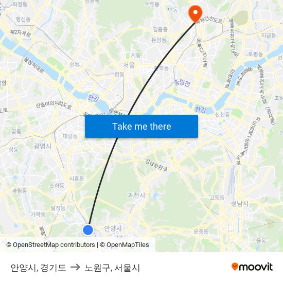 안양시, 경기도 to 노원구, 서울시 map