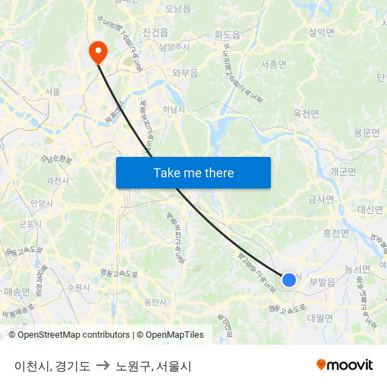 이천시, 경기도 to 노원구, 서울시 map